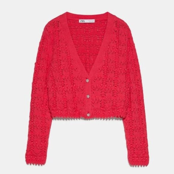 Zara Rhinestone Pointelle Knit Cropped Cardigan Sweater Fushia Pink Size Small - Picture 1 of 8